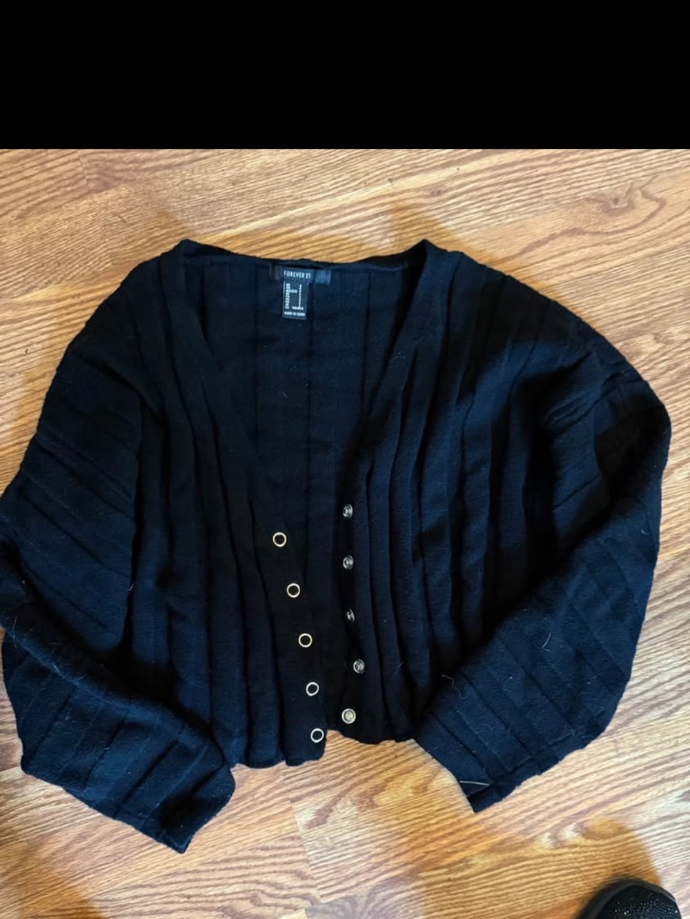 Forever 21 Black Ribbed V‑Neck Cardigan with Grommet Detail